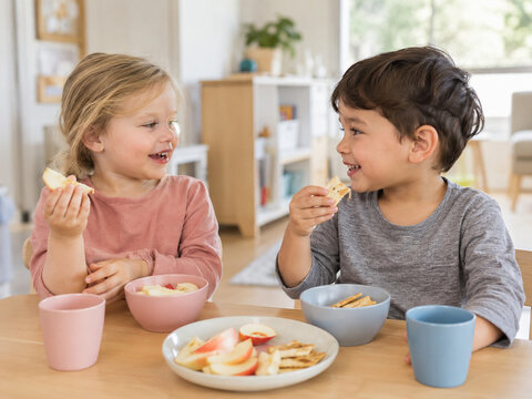Two preschool friends share apple slices and crackers at a small table, smiling and talking during a relaxed indoor playdate snack break.