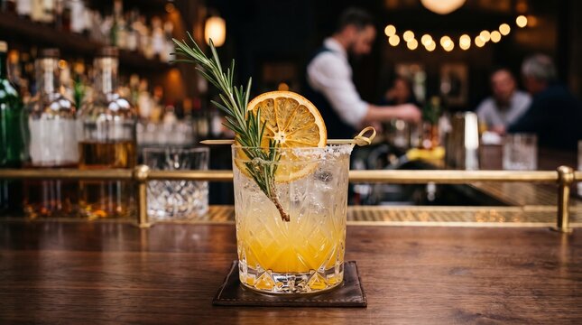 Cocktail with orange slice and rosemary on bar