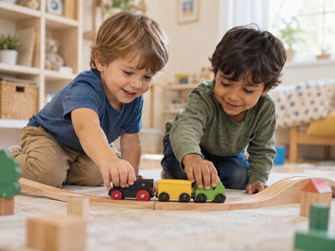 Two young boys push a colorful wooden train along a curved track on the floor, sharing focused imaginative play during a cheerful home playdate.
