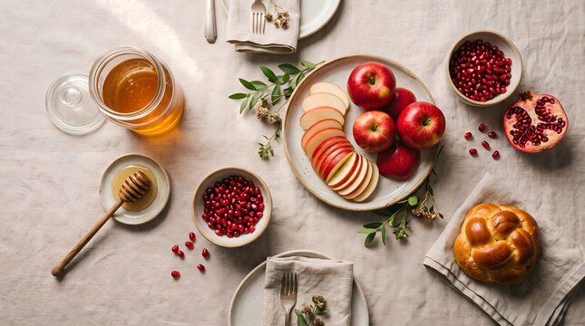 Top view flat lay of Rosh Hashanah festive table setting featuring clear honey jar with dipper, sliced red apples, and fresh pomegranates on neutral background.