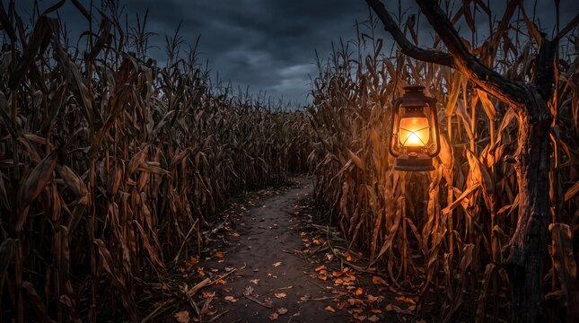 Dark corn maze path at night with glowing lantern dry cornfield and spooky Halloween atmosphere