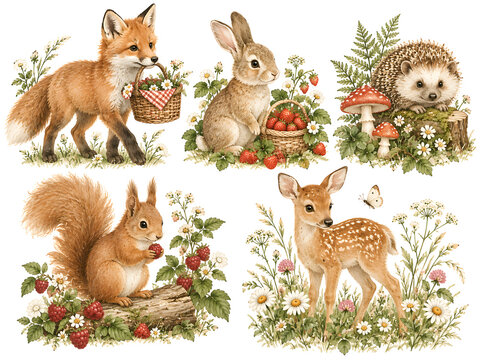 Watercolor woodland animals collection featuring a fox rabbit hedgehog squirrel and fawn with berries