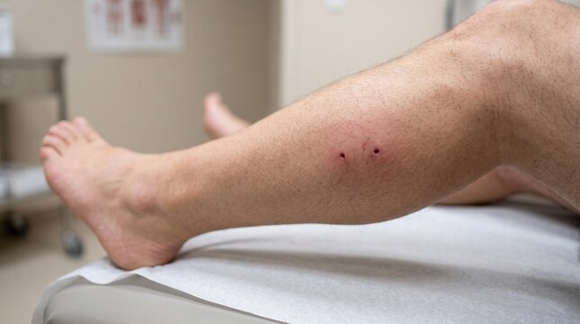 Snake Bite Puncture Marks With Localized Swelling on Leg