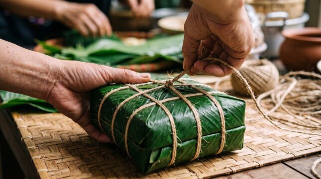 Hands tying a square food package wrapped in green leaves with twine