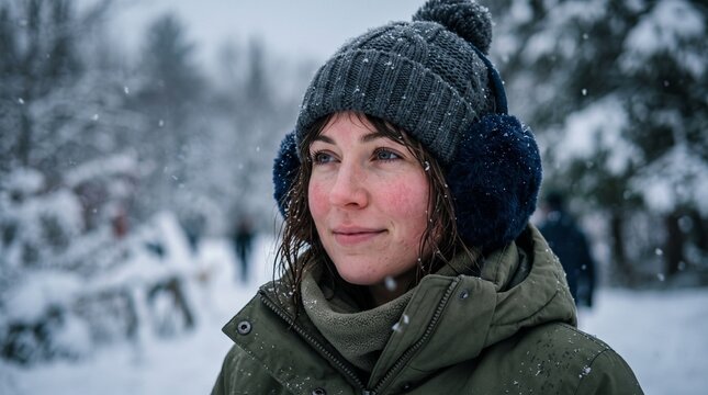 Woman in winter hat and earmuffs in snowfall