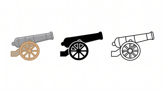 Antique cannon in three styles: color silhouette and line art isolated on white background