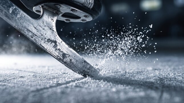 Close-up Ice skate blade cutting ice with spray of snow