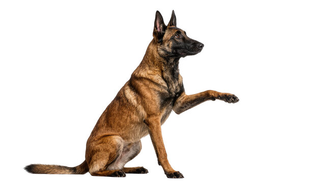 Belgian Malinois dog sitting and offering paw, isolated on transparent background