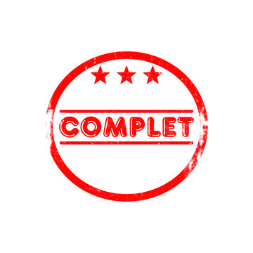 Complet red ink stamp featuring star icons and worn texture for finishing task documentation.