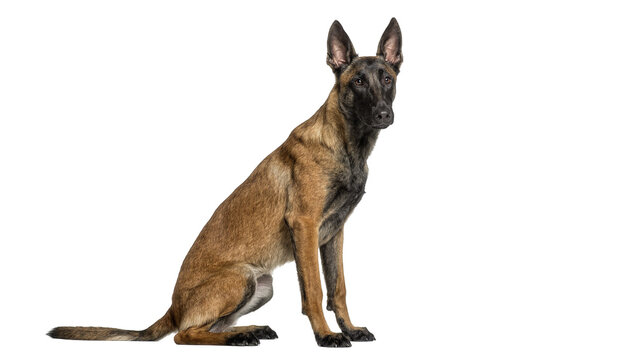 Belgian Malinois dog sitting attentively, isolated on transparent background