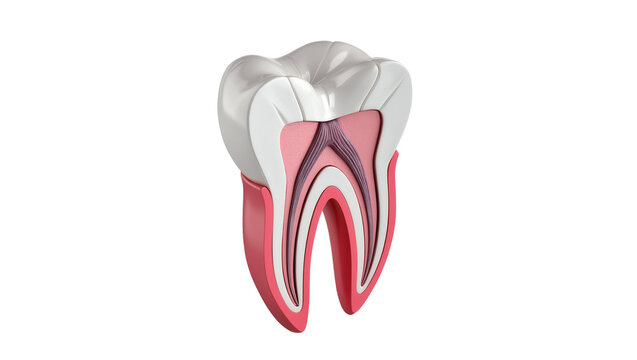 Cross-section of a human molar tooth showing enamel dentin pulp and roots, isolated on transparent background
