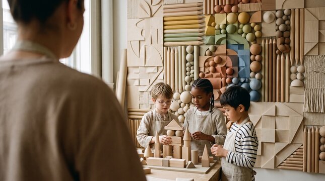 Diverse group of young children wearing aprons building wooden block structures during a creative art workshop with their teacher