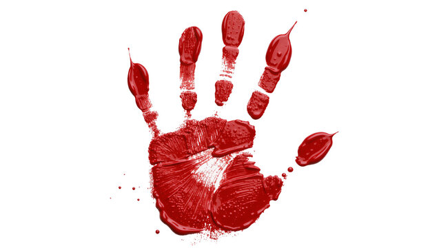 Vibrant red bloody handprint with dripping paint, isolated on transparent background