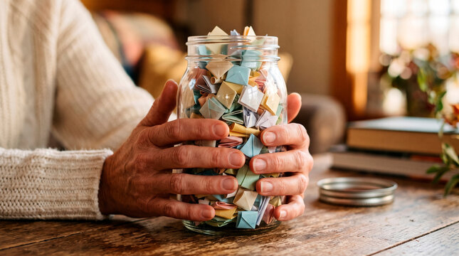 Hands holding jar of folded paper notes