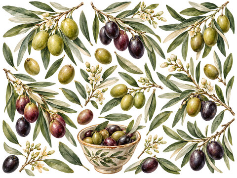 Vintage watercolor olive branches with fruit and woven basket for editorial and food packaging design