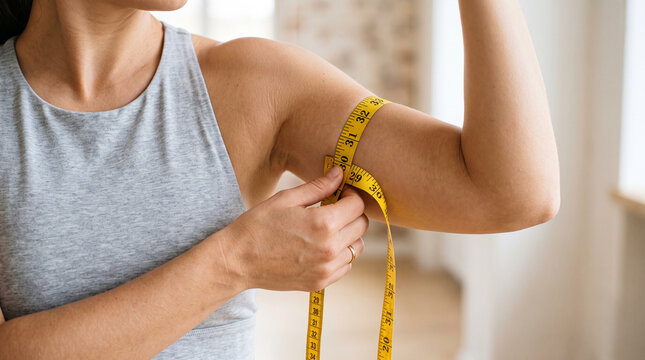 Close-up of a woman measuring her upper arm circumference with a yellow tape, tracking body measurements, fitness progress and weight loss results.