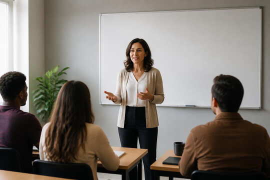 Female teacher presenting business lesson in classroom