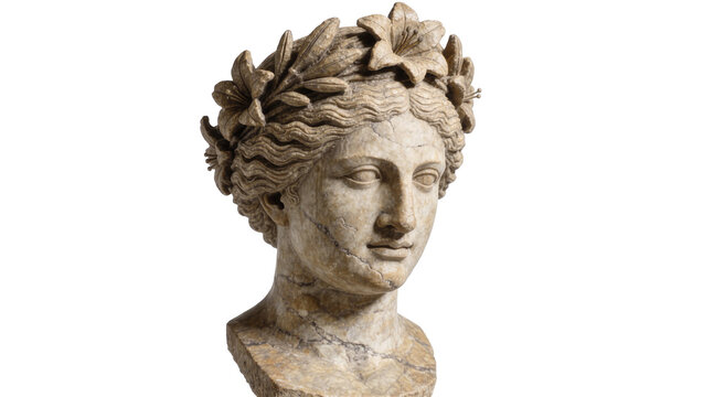 Ancient marble bust of a woman with a floral wreath, isolated on transparent background