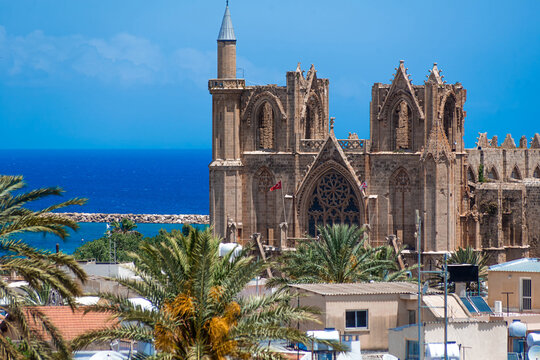 Lala Mustafa Pasha Mosque in Famagusta with stunning Mediterranean Sea view. Cyprus