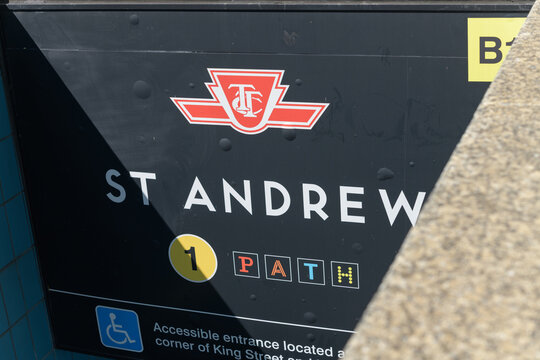 entrance to St. Andrew Station, located underneath the intersection of King St W and University Av in downtown Toronto