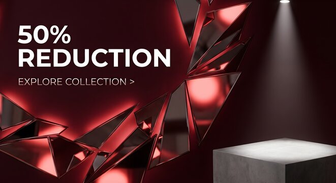 Dark Red Polygon Abstract Stage 50% Reduction Clearance Showcase Web Banner