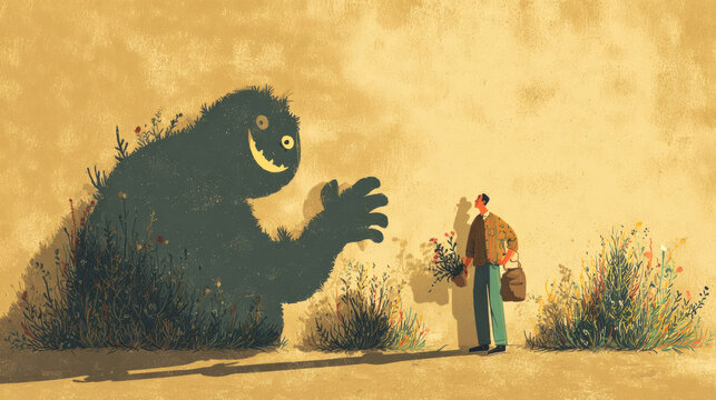 Illustration of a man standing in front of a large shadowy creature with a friendly expression, surrounded by colorful plants against a textured background