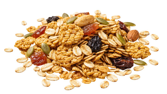 Crunchy granola mix with oats dried fruits nuts and seeds, isolated on transparent background