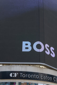 large-format rooftop digital spectacular with advertising by fashion house Hugo Boss, Sankofa Square, Toronto