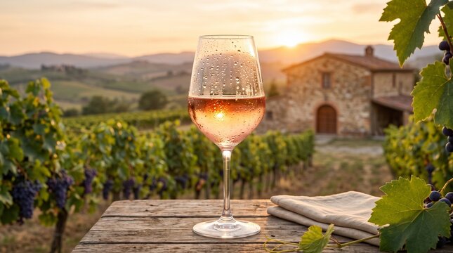 Ros wine glass on a wooden table in a vineyard at sunset
