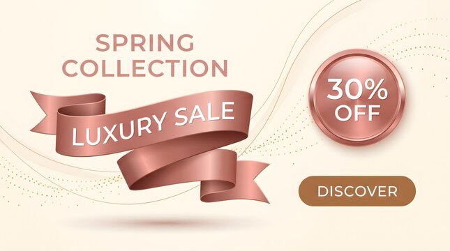 Elegant Rose Gold Ribbon Spring Collection Luxury Sale 30% Off Banner