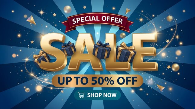 Luxury Blue Gold 3D Typography Sparkling Stars Sale Up To 50% Off Web Banner