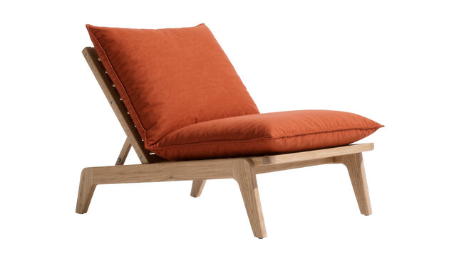 Modern wooden lounge chair with orange cushions, isolated on transparent background