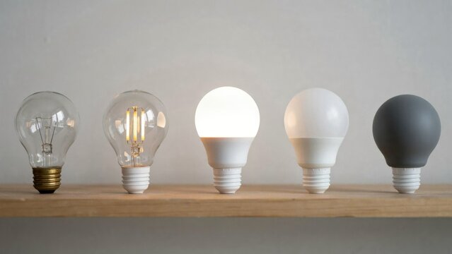 Row of light bulbs on shelf with one bright glowing idea bulb