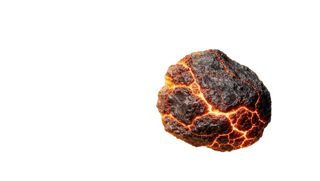 Molten lava rock with glowing orange cracks, isolated on transparent background