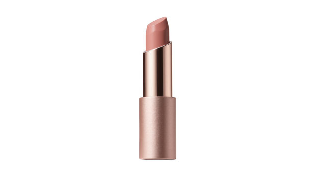 Rose gold metallic lipstick tube with nude pink lipstick bullet, isolated on transparent background