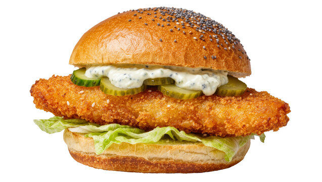 Crispy fried fish burger with lettuce pickles and tartar sauce, isolated on transparent background