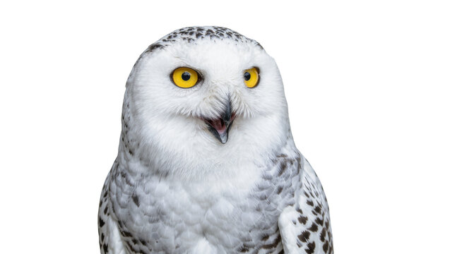 Snowy owl with bright yellow eyes and open beak, isolated on transparent background