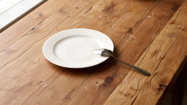 Rustic wooden table with empty white ceramic plate, minimalist dining setting with silver spoon, natural wood texture background for food mockup