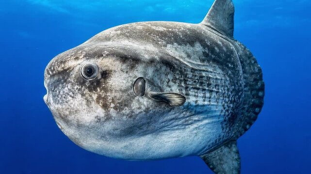 Close-up ocean sunfish glides through blue water, showing textured body and fins