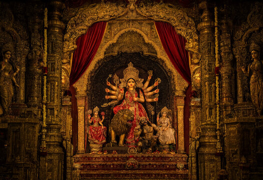 Intricate Temple Statue Depicting Hindu Goddess Durga With Lion Mount