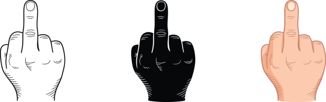 Middle finger icon, offensive hand gesture symbol with bold outline representing rude expression, disrespect, rejection, attitude and social communication