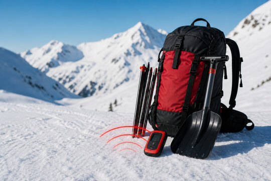 Avalanche Rescue Backpack with Beacon Search Hologram in Snow