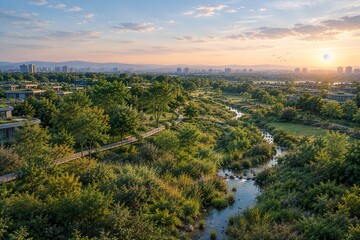 Fototapeta premium Restored Urban Biodiversity Corridor with Green Infrastructure and Stream