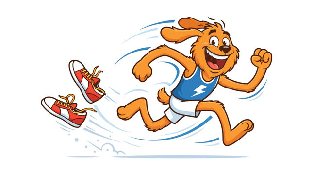 Vector illustration of a happy cartoon dog running fast in sportswear with motion lines