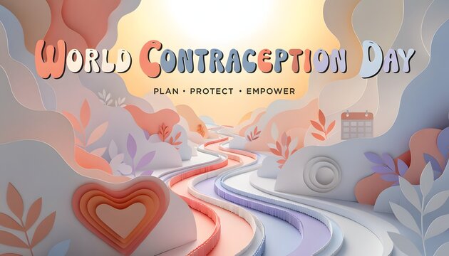 World contraception day promotional graphic with 3D paper cut style landscape and heart symbol health campaign family planning medical awareness healthcare planning
