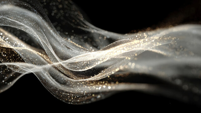 Abstract wave patterns with shimmering gold and silver particles flowing gracefully against a black background, creating a sense of depth and movement in the design