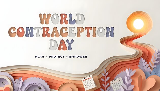 World contraception day concept banner featuring 3D paper art landscape and glowing sun illustration family planning health awareness medical campaign healthcare