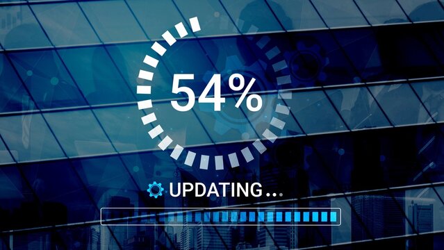 Digital Progress Indicator on Modern Building Background with Blue Tones and Abstract Reflection Effects. Entropy.