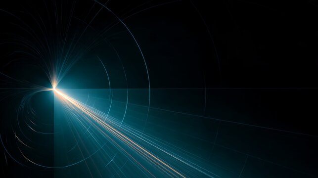 Abstract futuristic blue light rays radiating from center, high speed motion tech background for digital design and meme overlay