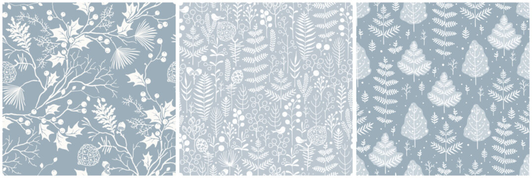 Set of Christmas seamless patterns with delicate branches, trees, pine cone and berries. Collection of handmade abstract repeat ornaments for background, wrapping paper, home textile or cards.